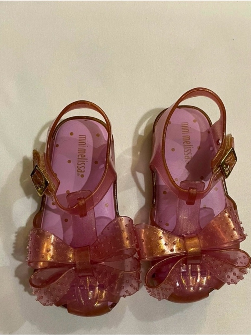 Mini Melissa Pink/Gold Iridescent Bow Jelly Sandals